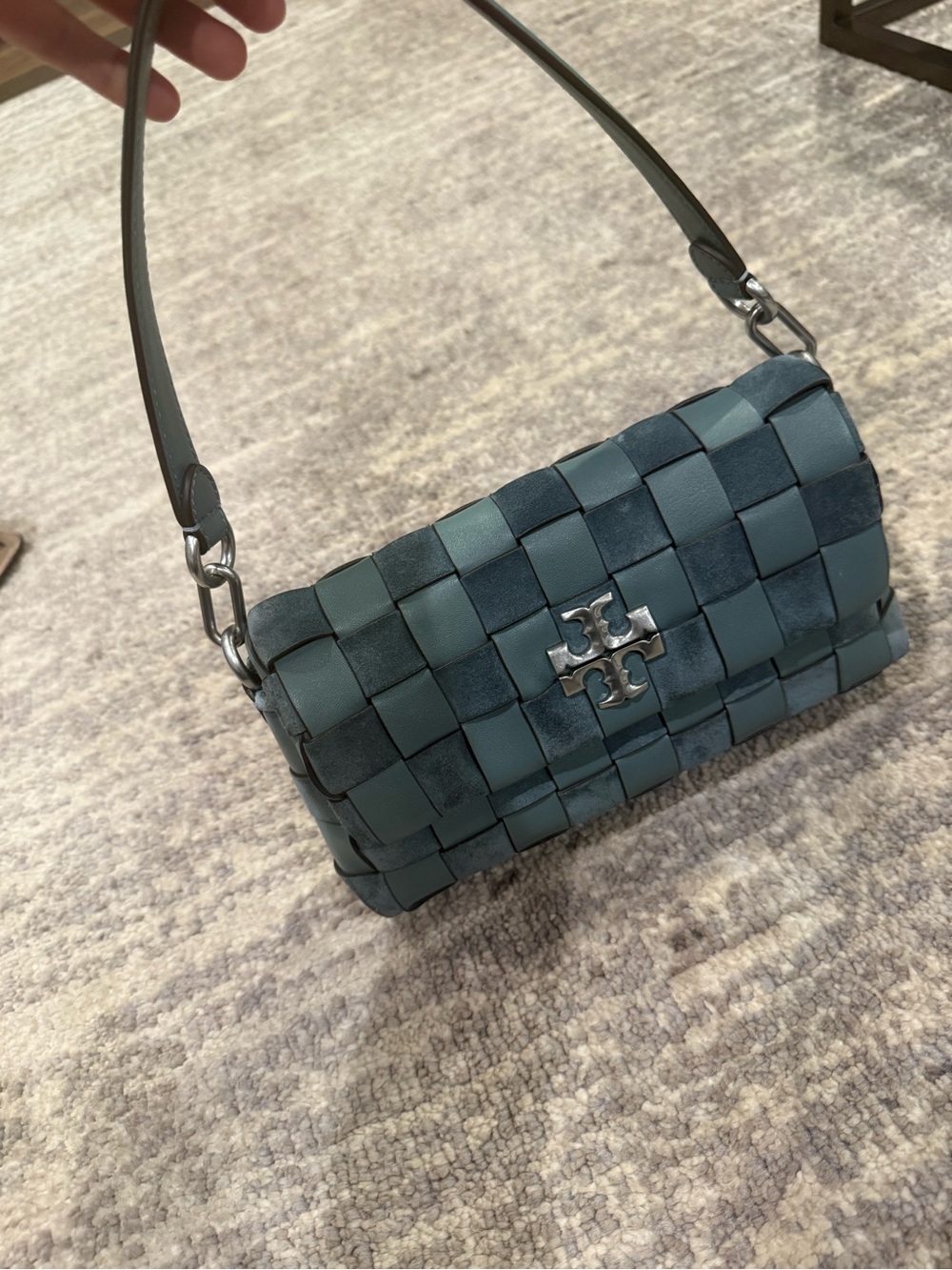 Tory Burch Teal Woven Leather Shoulder Bag
